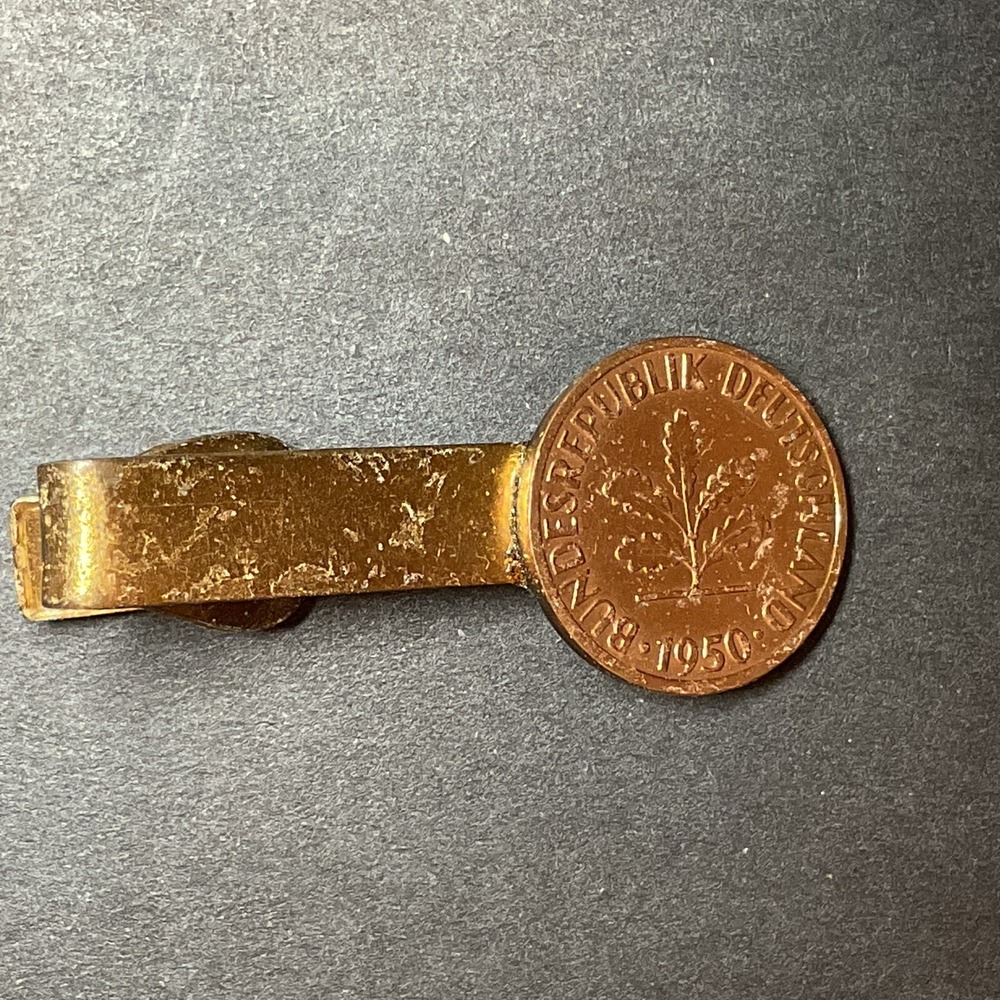 Vintage 1950 West Germany Coin Tie Bar Clip Gold Tone Men Accessory Jewelry